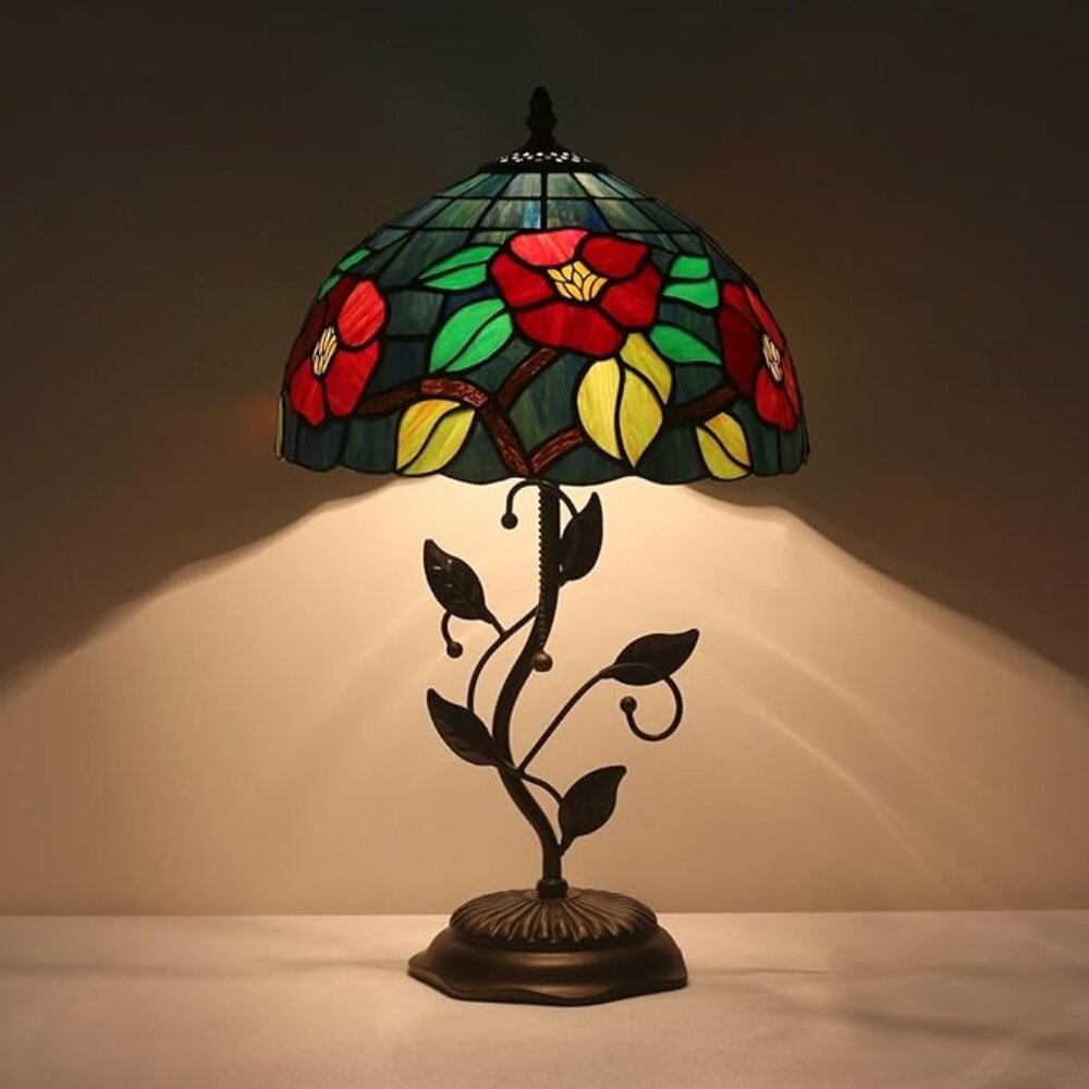 NEW Tiffany Style Table Lamp, Crabapple Blossom Table Lamp with Metal Leaf Base